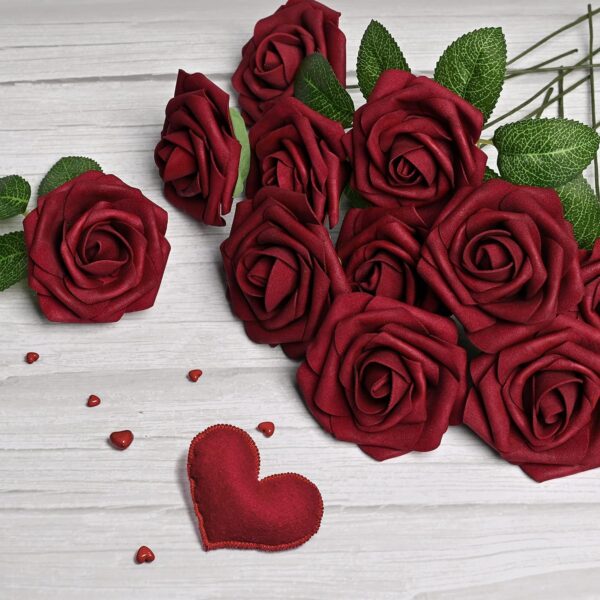 Mocoosy 50Pcs Artificial Rose Flowers, Burgundy Fake Roses for Decorations, Real Touch Foam Rose Bulk with Stems for DIY Wedding Bouquets Bridal Shower Centerpieces Valentine's Party Home Table Decor