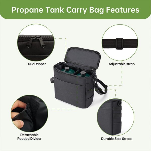 Heavy-Duty Water-Resistant 1 lb Propane Tank Carry Bag with Padding | 2 Cylinder Camping Gas Cylinder Storage Bag with Adjustable Strap, 3-Side Pockets & Detachable Dividers
