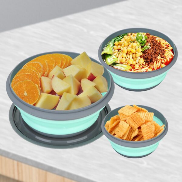 3 Pieces Silicone Folding Bowls with Lid Foldable Lunch Box Portable Salad Bowl Sets