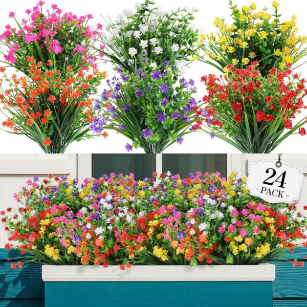 b946247aef2019f5 24 Bundles Artificial Flowers for Outdoor,No Fade Fake Plastic Flowers Faux Plants for Decoration Hanging Planters Indoor Outside Garden Porch Window Box Home Wedding Farmhouse