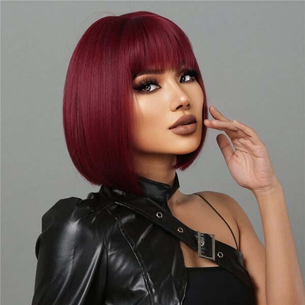 b94ad648901649f5 Short Wine Red For Women Bury Bob Wigs With Thick Bangs Heat Resistant Synthetic Wig