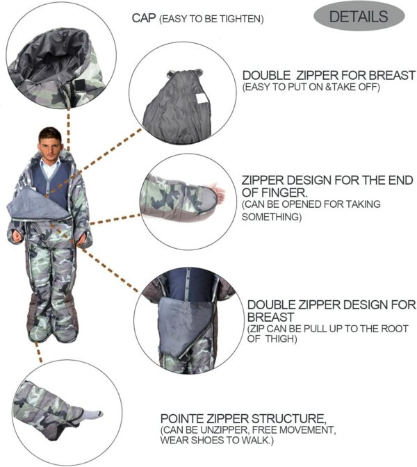 b973c28480829943 72" Large Wearable Human Sleeping Bag Zipped Foot Opening Design Free Size Ultralight Hoodie Quilted Warm Thermal Coat for Adults Winter or Outdoor 4 Season Camping
