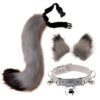 QinRuan Cat Ears and Wolf Fox Animal Tail Cosplay Costume Faux Fur Hair Clip Headdress Halloween Leather Neck Chocker Set (3-Blackwhite)
