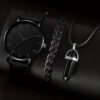 b992aa7d56acb078 3PCs Men's Simple Round Belt Quartz Watch+Woven Bracelet+Necklace Combination Set