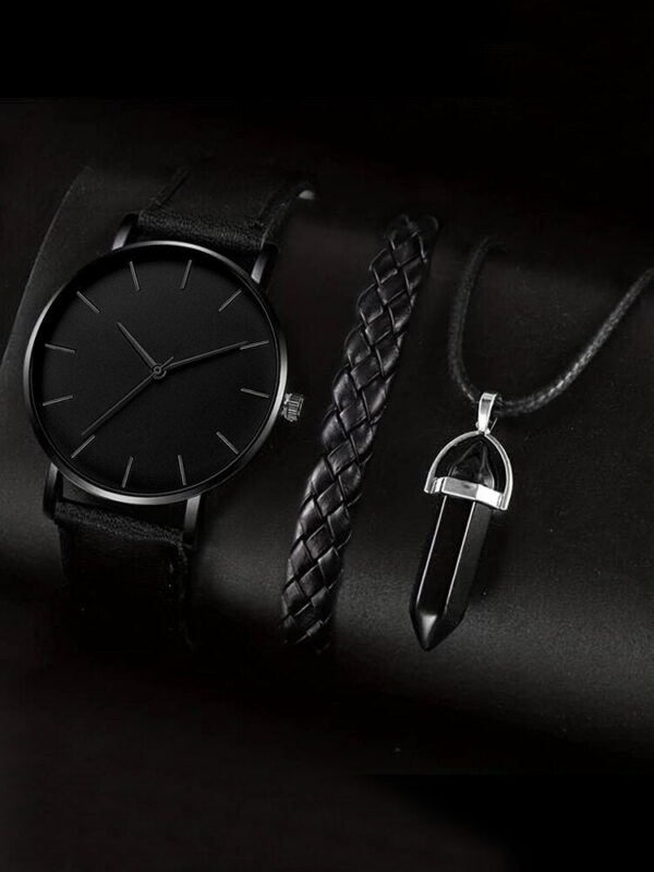 b992aa7d56acb078 3PCs Men's Simple Round Belt Quartz Watch+Woven Bracelet+Necklace Combination Set