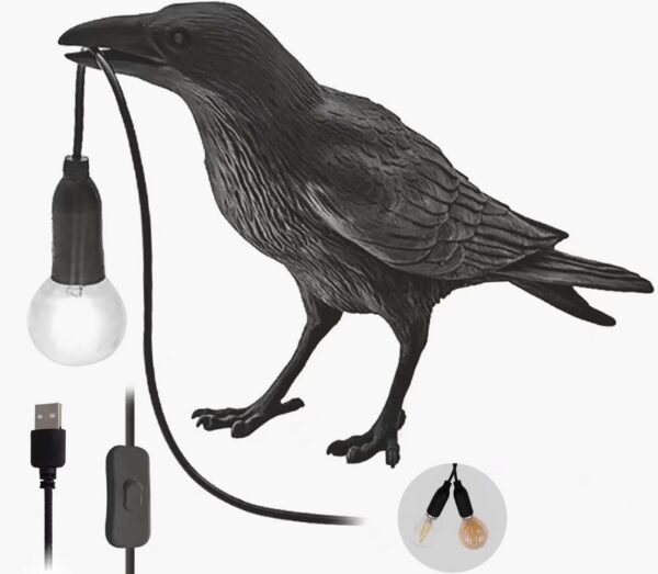 The Gothic Lamp,Cute Black Raven Desk Light with USB Line,Unique Resin Halloween Crow for Table Decor,Goth Decor,Black Bird Decor, Art Decor,Home Decor,Living Room,Bedroom (2 Bulbs)