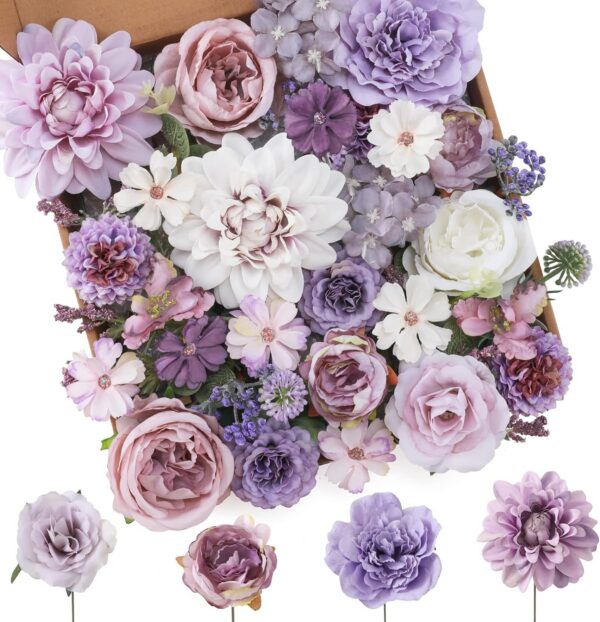 b9f1a86e777759ec Floweroyal Artificial Flowers Combo Dusty Blue Flowers Mix Silk Flowers Dahlia Roses with Stems for DIY Wedding Bridal Bouquets, Baby Shower, Floral Arrangement, Table Centerpieces, Home Decorations.