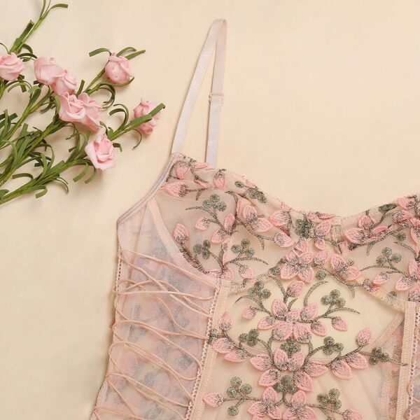 ba3168685827d772 Lilosy Women Sexy Lace Up Floral Embroidered Teddy Lingerie Bodysuit Top Mesh Sheer One Piece