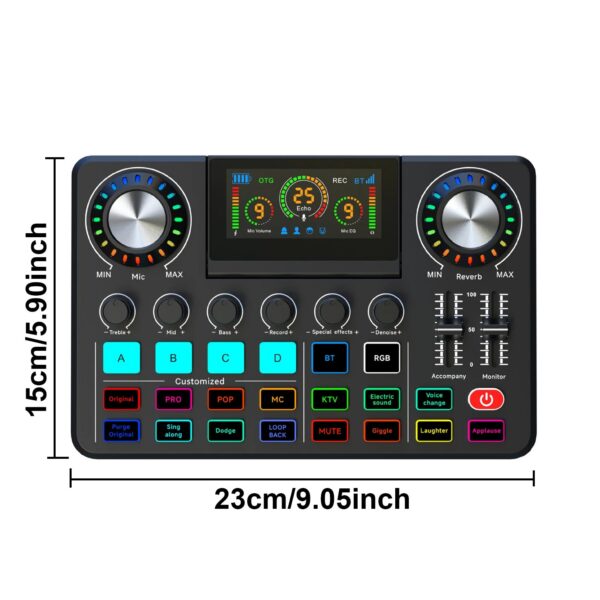 Audio Mixer, Live Sound Card with DJ Mixer Effects & Voice Changer, Sound Board with RGB, Music Recording Equipment
