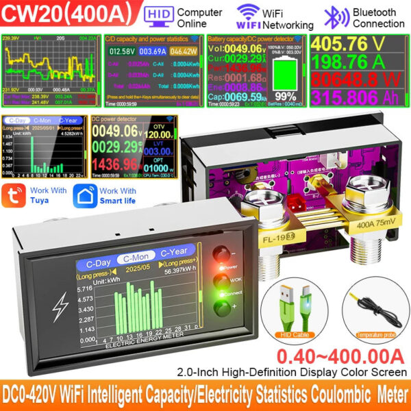 ba7f8f4ac11ff346 CW20 DC0-420V WiFi Tuya Smart Digital Lithium Battery Capacity Detection Tester DC Display Voltage Current Power Coulomb Meter