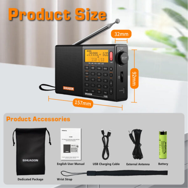 SIHUADON D808 AM/FM/SW/MW SSB AIR RDS Full Band Portable with Multifunction Deep Sound Stereo Rechargeable Radio Receiver