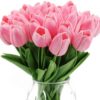 IPOPU 12PCS Pink Tulips Artificial Flowers for Decoration Fake Tulips Real Touch Fake Pink Flowers Artificial Floral Arrangements Pink Faux Tulips Decor Table Home Kitchen Wedding Decorations (Pink)