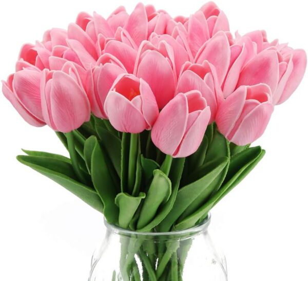 IPOPU 12PCS Pink Tulips Artificial Flowers for Decoration Fake Tulips Real Touch Fake Pink Flowers Artificial Floral Arrangements Pink Faux Tulips Decor Table Home Kitchen Wedding Decorations (Pink)
