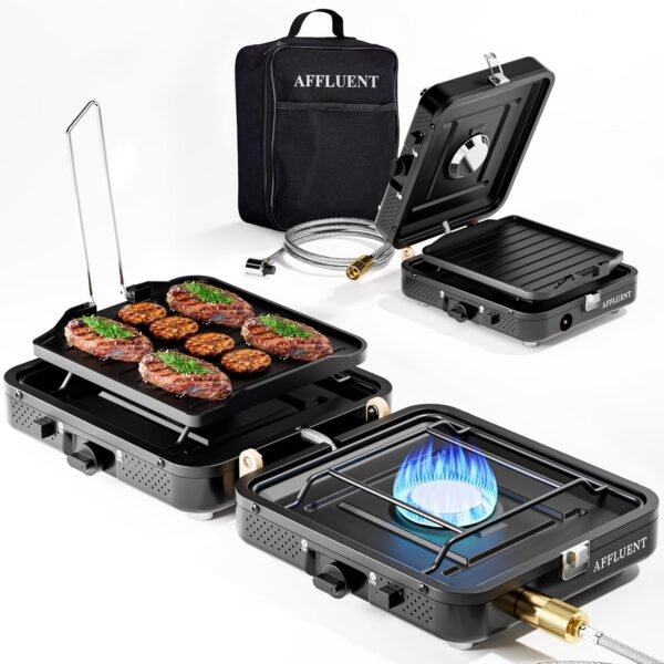 AFFLUENT 2 Burner Propane Camping Stove with Grill and Storage Bag- A Must - Have Camp Stove Propane! Foldable, Featuring Two Adjustable Burners Ideal Portable Camping Stove for Camping & BBQ(White)