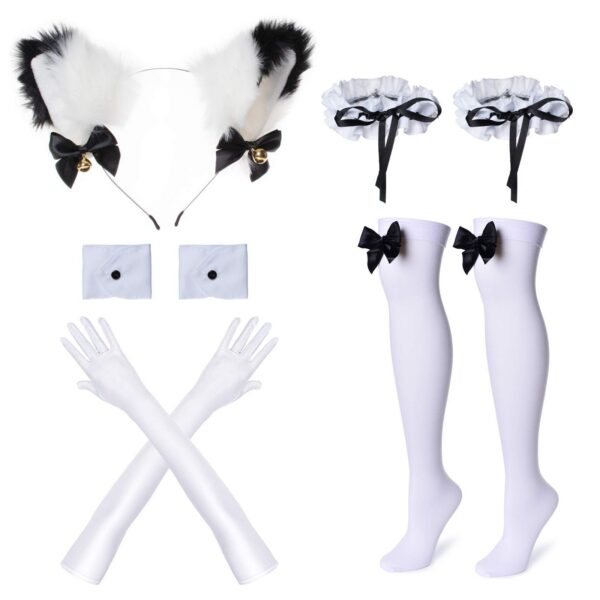 Anime French Maid Apron Lolita Fancy Dress Cosplay Costume Furry Cat Ear Gloves Socks Set(2XL)