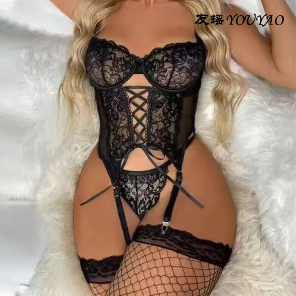 bb2e0c50b1b29718 Sexy Crotchless Blue Lingerie Women Lace Hollow Bodysuit Erotic Pajamas Teddy Babydoll Dress Deep V Open Bra Porn Underwear Set