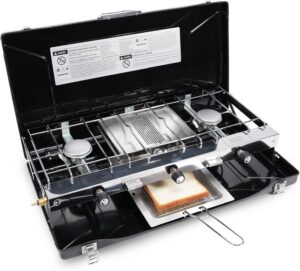 bb535a5b9c3b0f61 3-Burner Propane Camping Stove - Portable Stove with Adjustable Burners, Wind Guards, Toast Tray, 20,400 BTUs for Camping, Tailgating, BBQ, Picnics
