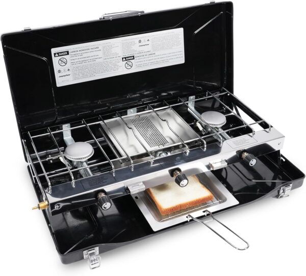 3-Burner Propane Camping Stove - Portable Stove with Adjustable Burners, Wind Guards, Toast Tray, 20,400 BTUs for Camping, Tailgating, BBQ, Picnics