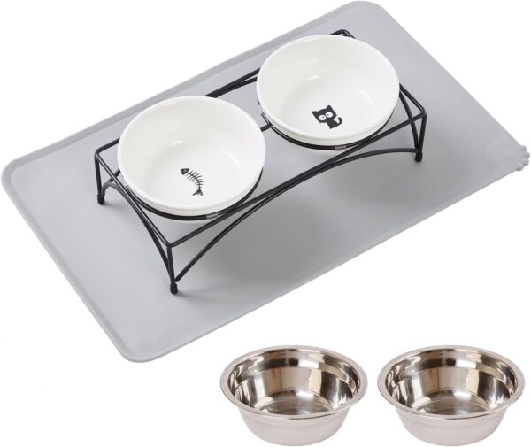 bc032eeed6edbc12 FOREYY Elevated Cat Bowls with 2 Ceramic Bowls and 2 Stainless Steel Bowls,Raised Cat Food Water Bowl with Iron Stand,Porcelain Pet Dishes for Cats and Small Dogs,16 Ounces,Dishwasher Safe(Gray)