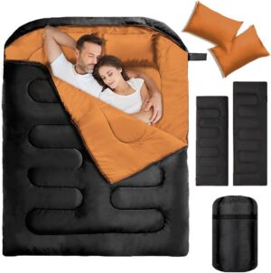 bc50586e2a63fa17 Double Sleeping Bags for Adults, 2 Person Camping Sleeping Bag for Cold Weather & Warm, Queen Size Sleeping Bag with 2 Pillow, Sleep Bag for Camping, Hiking, Backpacking