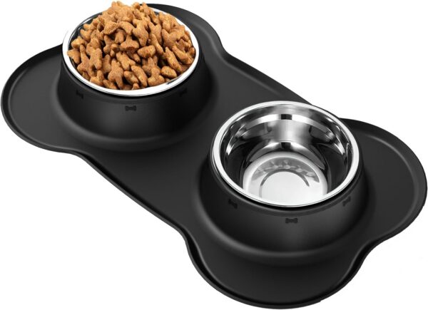 AsFrost Dog Food Bowls Stainless Steel Pet Bowls & Dog Water Bowls No Spill Non Skid, Feeding Bowls with Dog Bowls Silicone Mat for Small Medium Large Size Dogs, Cat Pet Dog Dishes Set, Black, 3 Cup