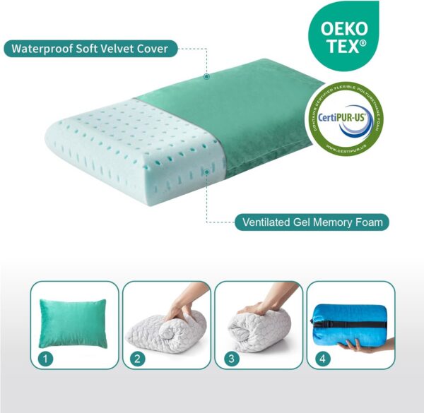 Small Cooling Gel Memory Foam Camping Pillow Travel - Contoured Support -Compressible Pillow Ideal for Backpacking, Camping, Travel, Car, Airplane,Office Nap