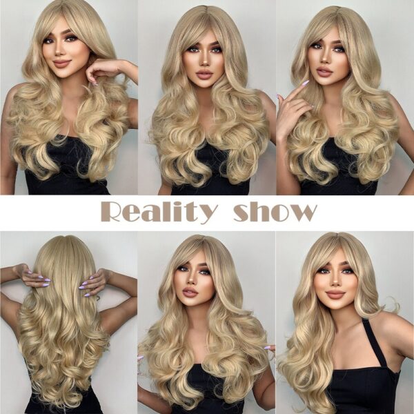 Natural Blonde Yellow Long Wavy Synthetic with Bangs Women Body Wave Afro Female Wigs Cosplay Daily Hair