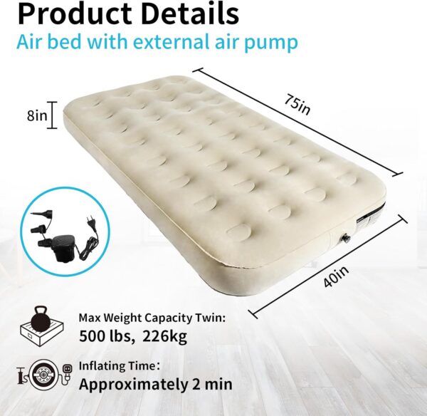 Twin Air Mattress with Fast Inflating Pump, Blow up Mattress of Wave Flocked Top, Durable Air Bed for Home, Camping & Guests 8in Bed Height – 500lb Weight Capacity