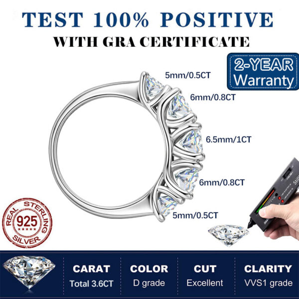 5 Stones 3.6CT All Moissanite Rings for Women Plated Sterling Sier Wedding Band Sparkling Diamonds Fine Jewelry GRA