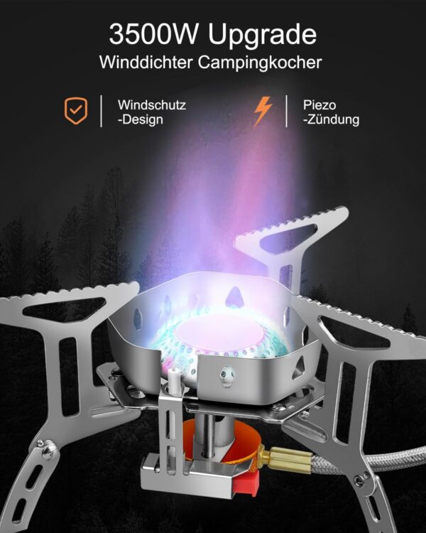 AUTOPkio Campingkocher 3500W, Winddicht Gas Campingkocher mit Piezozündung Faltbar Gaskocher Gasbrenner mit Adapter Gasherd für Outdoor Picknick Trekking Hiking Wandern