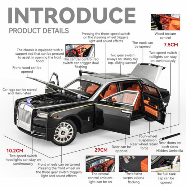 1:18 Rolls-Royce Phantom Car, Zinc Alloy Pull Back Toy Diecast Car with Sound and Light, Realistic Modeg Model Toy111