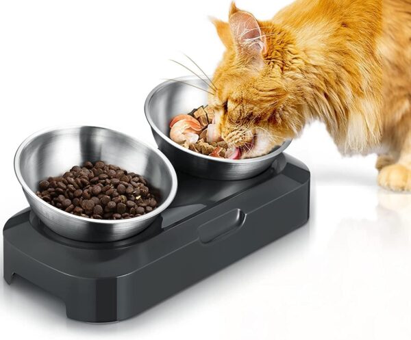 Raised Cat Bowl with Stainless Steel, Non-Slip Silicone Mat & Raised Cat Feeder with 15° & 0° Tilting Neck Protective Bowl for Pets, Cats Food and Water Feeding