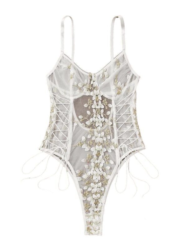 be707efd1a1ba9f1 Lilosy Women Sexy Lace Up Floral Embroidered Teddy Lingerie Bodysuit Top Mesh Sheer One Piece