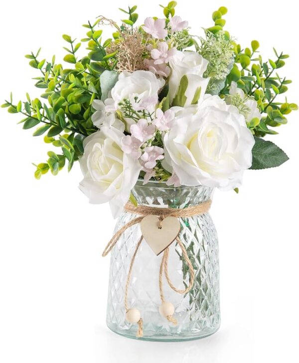 be79c9db0a720365 CEWOR Faux Flowers in Vase, 1 Pack, Artificial Rose Faux Flowers in Vase for Centerpiece Table Decorations and Home Office Decor