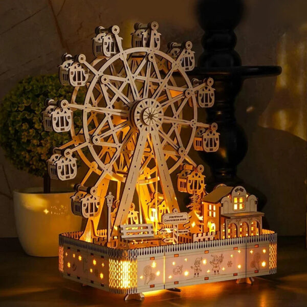 Ferris Wheel Music Box Model with LED Light 3D Wooden Puzzle DIY Assembly Building Kit Home Decoration Crafts Adults Kids Gift