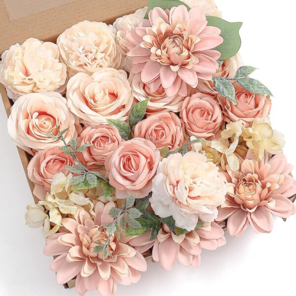 YYHUAWU Artificial Flowers Combo Box Set Gradient Color Flower Leaf with Stems for DIY Wedding Bouquets Centerpieces Baby Shower Party Home Decorations Peach