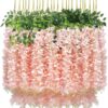 U'Artlines 12 Pack (Total 43.2 Feet) Artificial Fake Wisteria Vine Rattan Hanging Garland Silk Flowers String Home Party Wedding Decor (12, Pink)