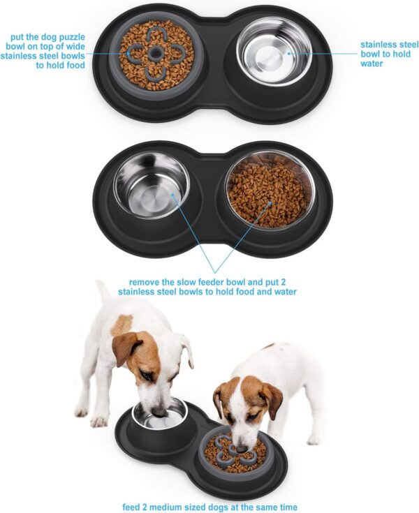 bef0eb8d3467e376 BurgeonNest Dog Bowl Slow Feeder,4 in 1 Dog Food and Water Bowl with Stand Slow Down Eating Dog Puzzle Bowl Set with Non-Skid Silicone Mat for Small Medium Dogs