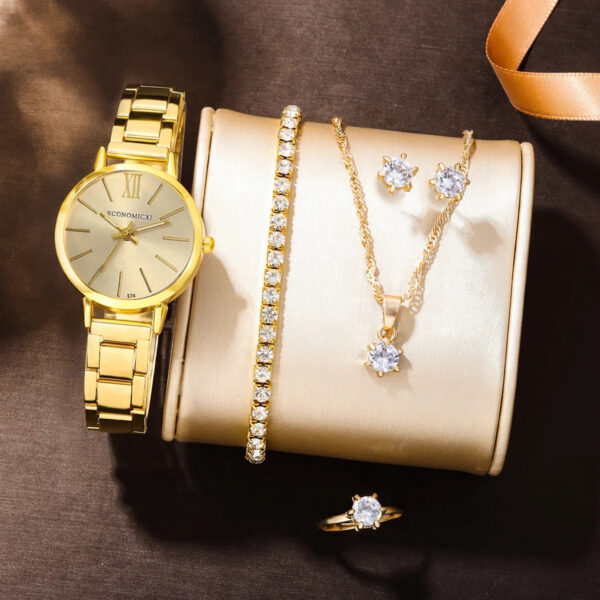 bf3e3d7570cc9ffb 6 PCS New Love Rhinestone Jewelry Ladies Ring Necklace Earrings Bracelet Set Simple Digital Steel Strap Quartz Watch