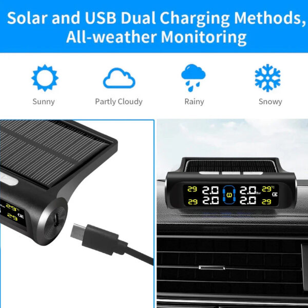 bf5a2eae232ad386 Intelligent TPMS Solar Tyre Monitoring System Parking Sensors For Cars Temperature Tire Air Pressure Gauge