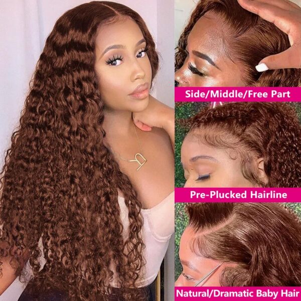13x4 Chocolate Brown Deep Wave Frontal HD Lace Front Wigs Pre Plucked Colored Curly Human Hair Wig