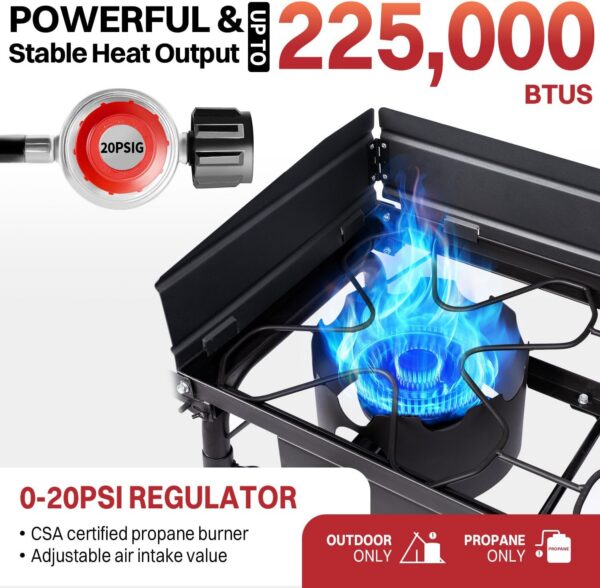 c059aebdd3cc965c 3 Burner Propane Camp Stove | 225,000 BTU Gas Burners | Side Shelves | Windscreen | Waterproof Cover | Detachable Legs | Ideal for Camping Backyard Outdoor Cooking
