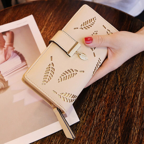 Fashion PU Leather Long Wallet Gold Hollow Leaves Pouch Handbag For Women Coin Purse Card Holders Clutch