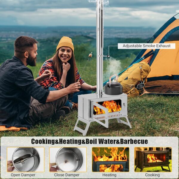 Portable Hot Tent Stove,Wood Burning Stove for Camping, Tent Stove With View Glass, Large Stainless Steel Camping Stove With 5 Chimney Pipes for Outdoor Heating and Cooking