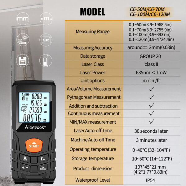 Aicevoos Digital Rangefinder 50M 70M 100M 120M Distance Meter Trena Laser Tape Measure Roulette Range Finder