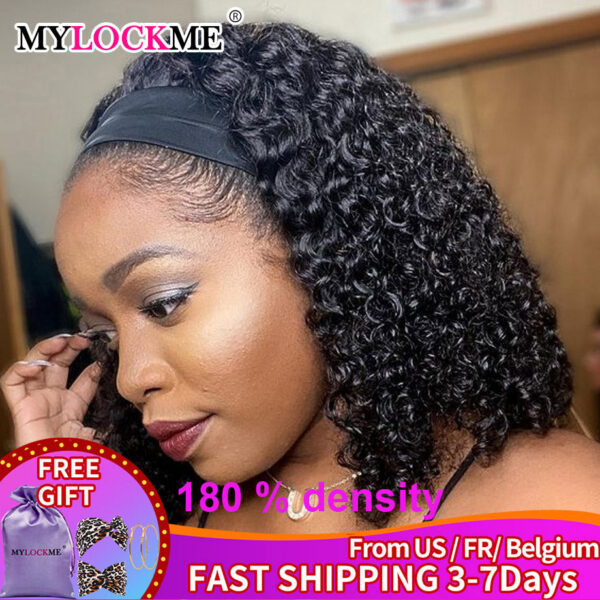 c13d0ab952dedb66 Headband Wig Kinky Curly MYLOCKME Glueless Full hine Made Brazilian Remy Human Hair Wigs For Women 180% Density