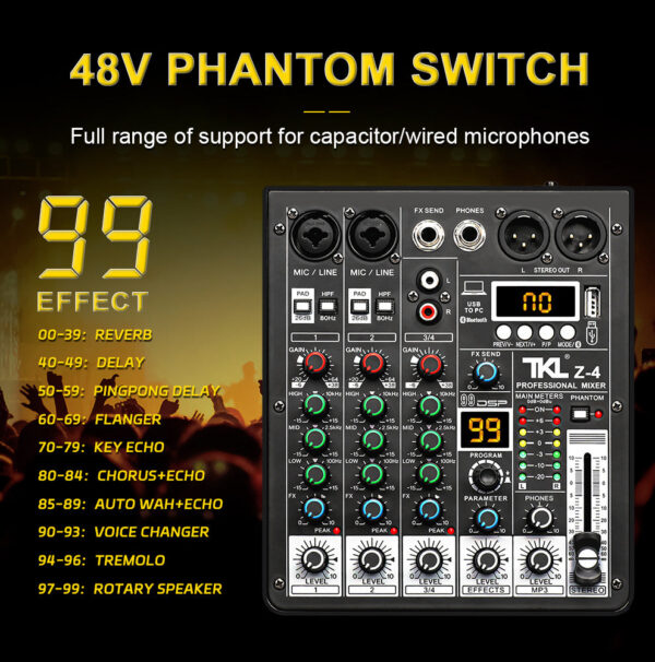 TKL 4 Channel 99 DSP Audio Mixer 48V Phantom Power USB Studio Sound Mixers Bluetooth DJ Console Mi for Karaok