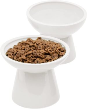 c175352ba4282547 2 Extra Wide Raised Cat Food Bowl, Elevated Anti-Vomiting Cat Feeder Whisker Stress-Free Dog Two Bowls Ceramic Cat Feeding Bowls White