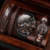 5PCS Set Fashion Mens Sports Bracelet Watches For Men Retro Big Dial Quartz Wrist Classic Male Casual Brown Leather Watch