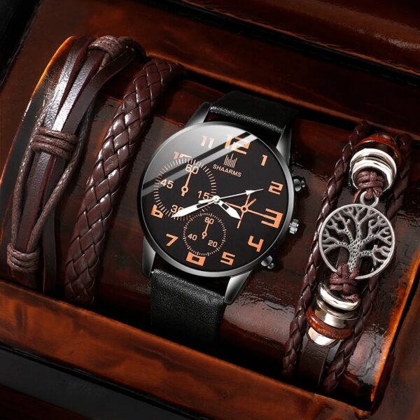5PCS Set Fashion Mens Sports Bracelet Watches For Men Retro Big Dial Quartz Wrist Classic Male Casual Brown Leather Watch